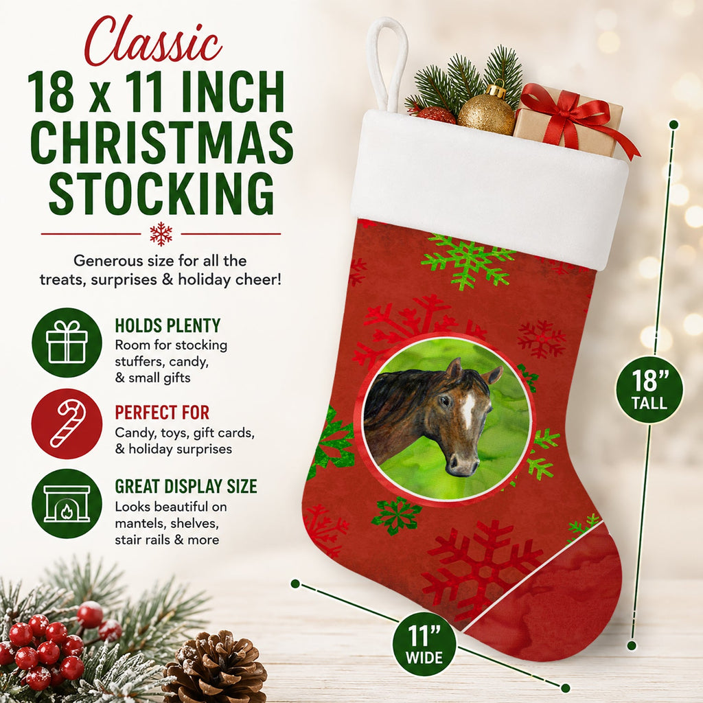 Horse Red Snowflakes Holiday Christmas  Holiday Stocking Double-Sided Print, Polyester Suede,11x18, Made in USA
