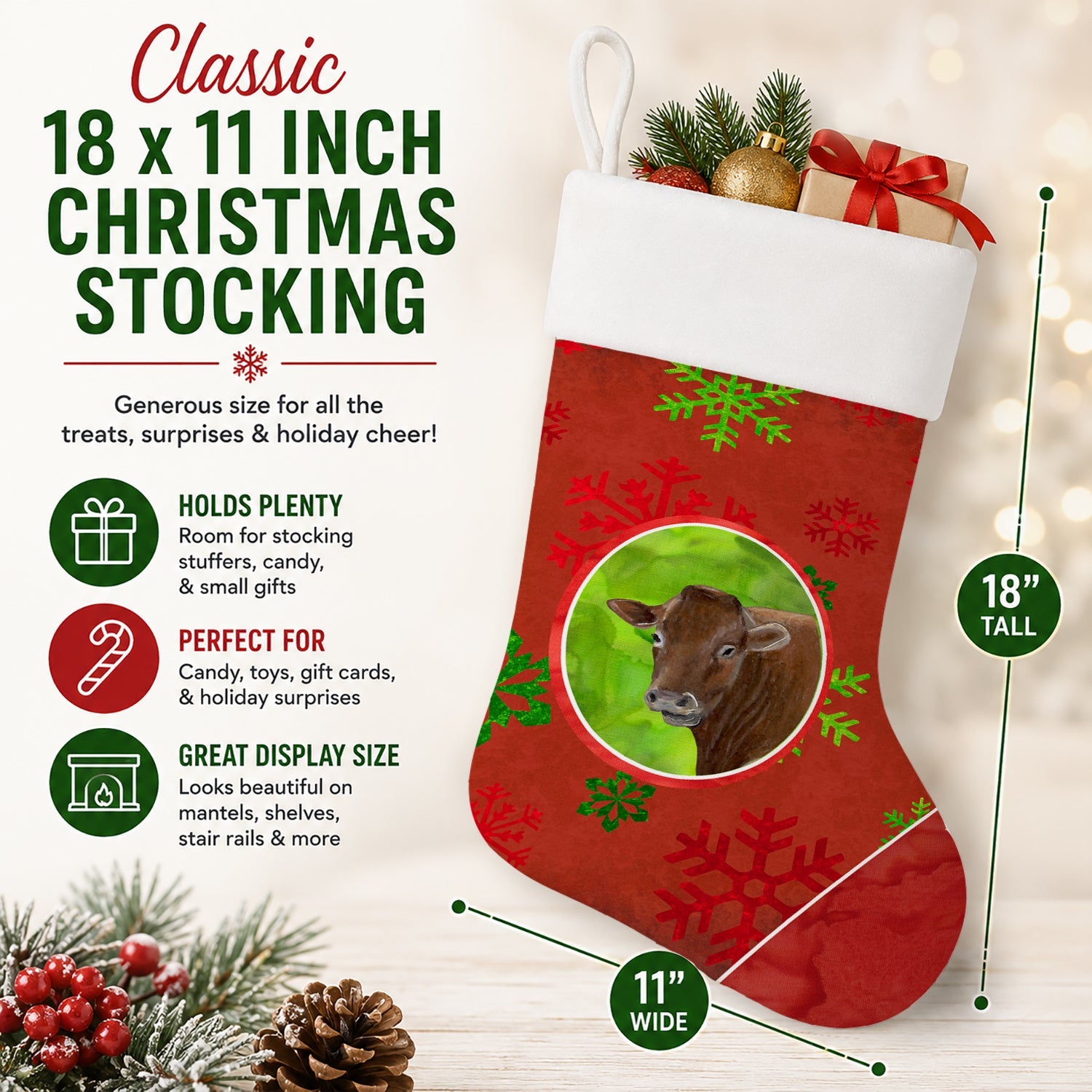 Cow Red Snowflakes Holiday Christmas  Holiday Stocking Double-Sided Print, Polyester Suede,11x18, Made in USA