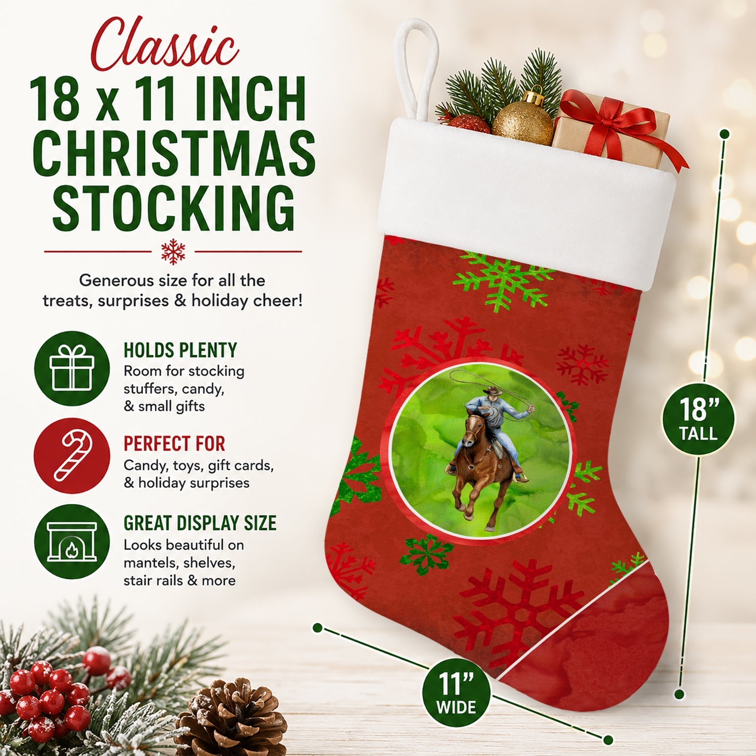 Horse Roper Red Snowflakes Holiday Christmas  Holiday Stocking Double-Sided Print, Polyester Suede,11x18, Made in USA