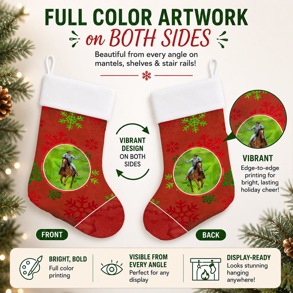 Horse Roper Red Snowflakes Holiday Christmas  Holiday Stocking Double-Sided Print, Polyester Suede,11x18, Made in USA