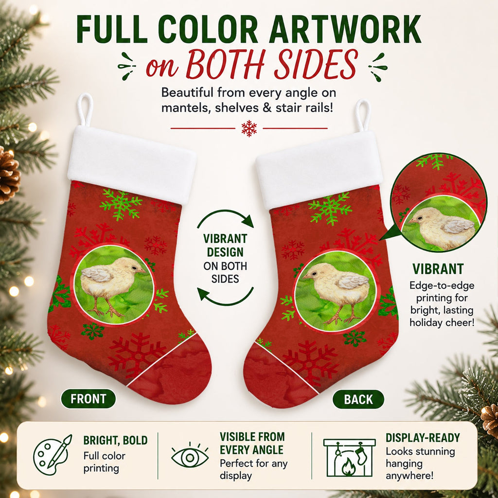 Baby Chick Red Snowflakes Holiday Christmas  Holiday Stocking Double-Sided Print, Polyester Suede,11x18, Made in USA