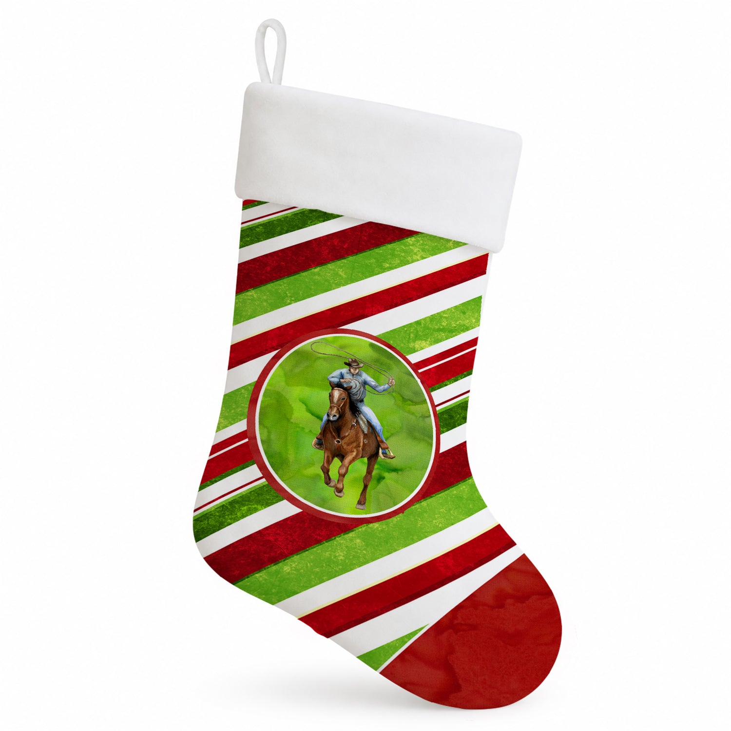 Horse Roper Candy Cane Holiday Christmas Holiday Stocking Double-Sided Print, Polyester Suede,11x18, Made in USA
