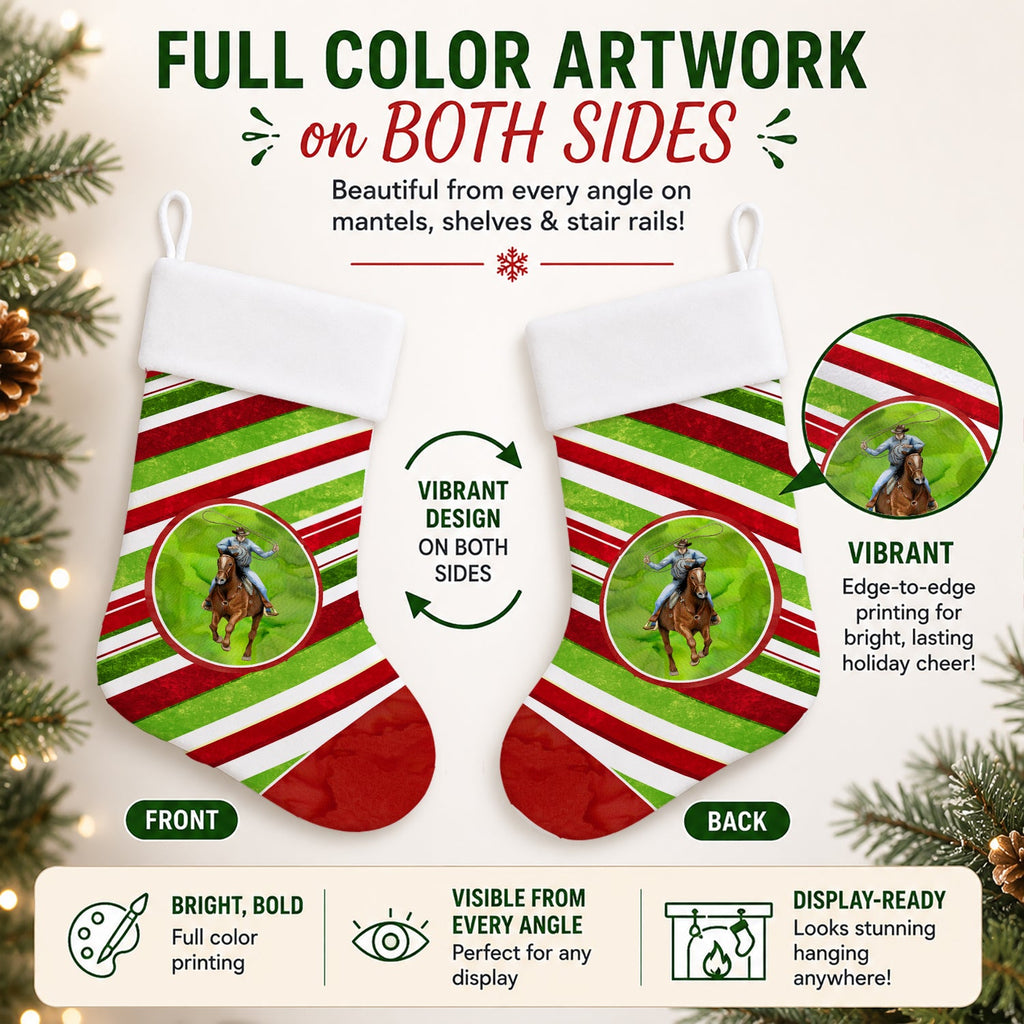 Horse Roper Candy Cane Holiday Christmas Holiday Stocking Double-Sided Print, Polyester Suede,11x18, Made in USA
