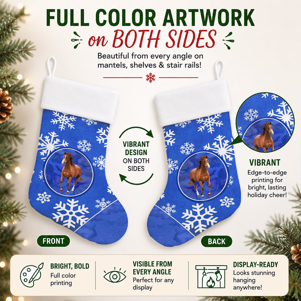 Horse Winter Snowflakes Holiday Holiday Stocking Double-Sided Print, Polyester Suede,11x18, Made in USA