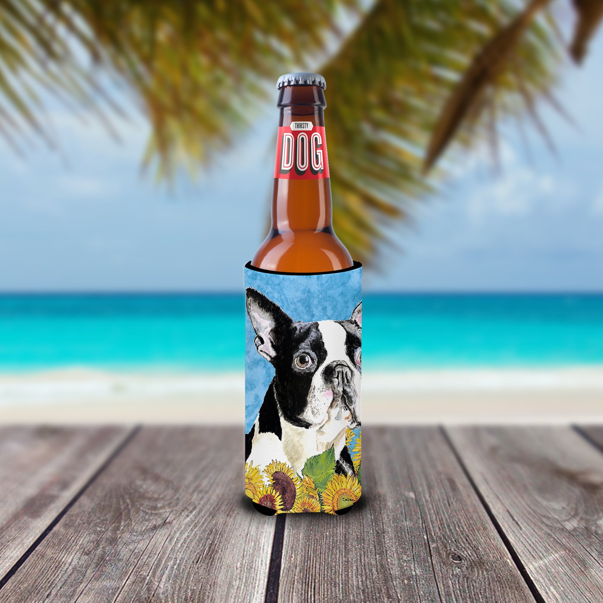 Boston Terrier in Summer Flowers Slim Can Hugger , Insulated Foam Hugger for 12 oz Slim Cans, Beer Bottles & Water Bottles, Printed in USA