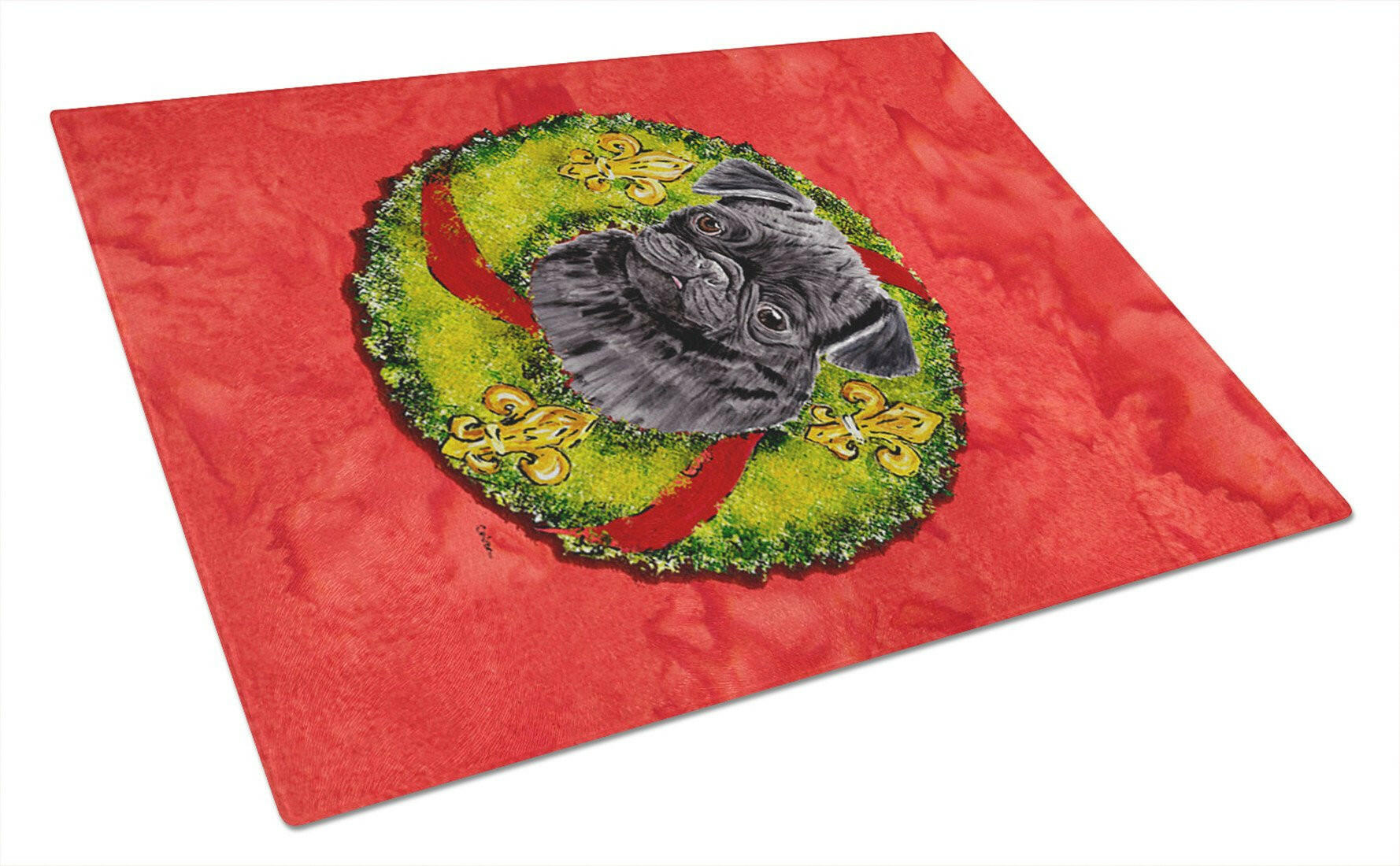 Pug Christmas Wreath Cutting Board Tempered Glass Kitchen Cutting Surface, Heat Resistant Chopping, Non-Slip Feet, Food Prep & Serving