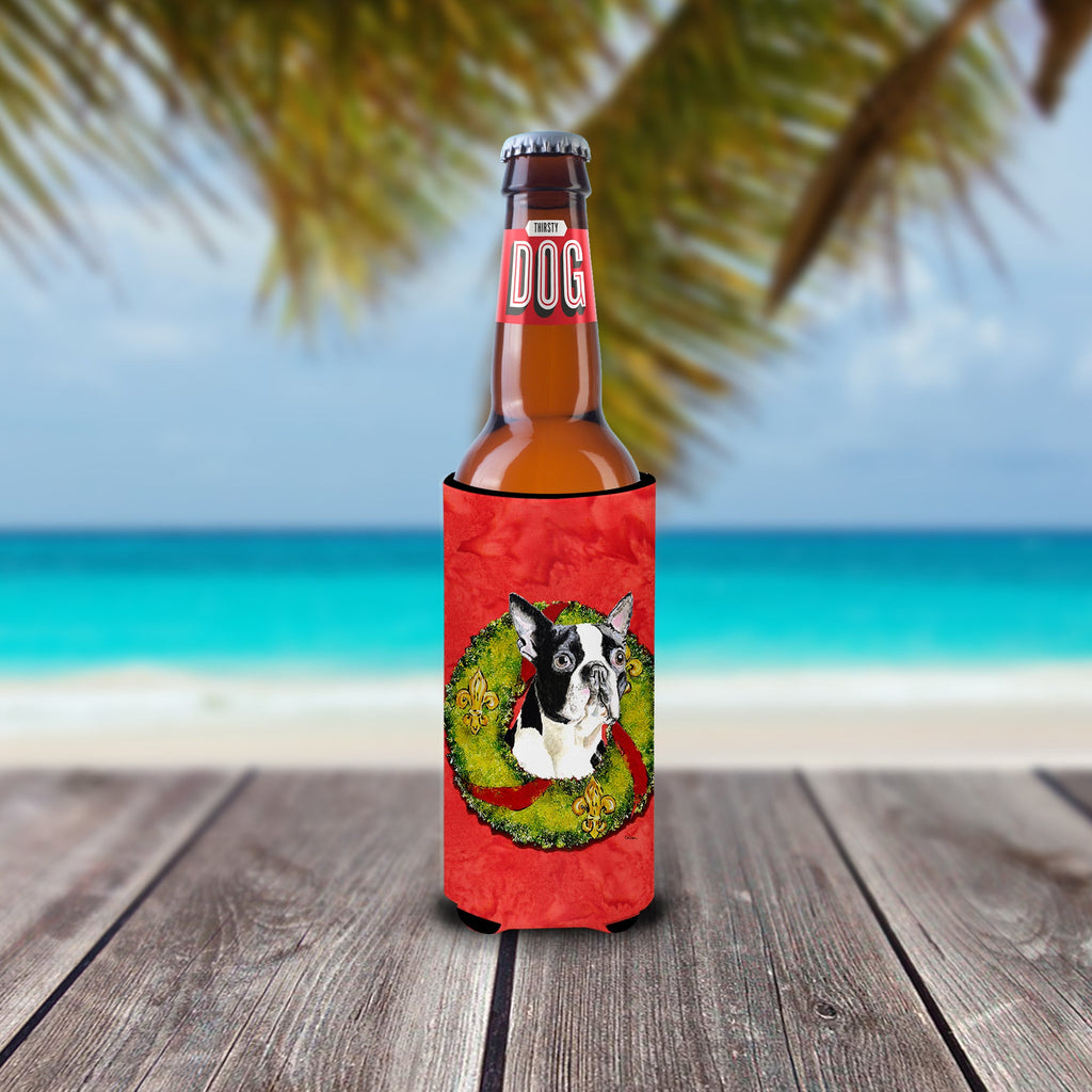 Boston Terrier Christmas Wreath Slim Can Hugger , Insulated Foam Hugger for 12 oz Slim Cans, Beer Bottles & Water Bottles, Printed in USA