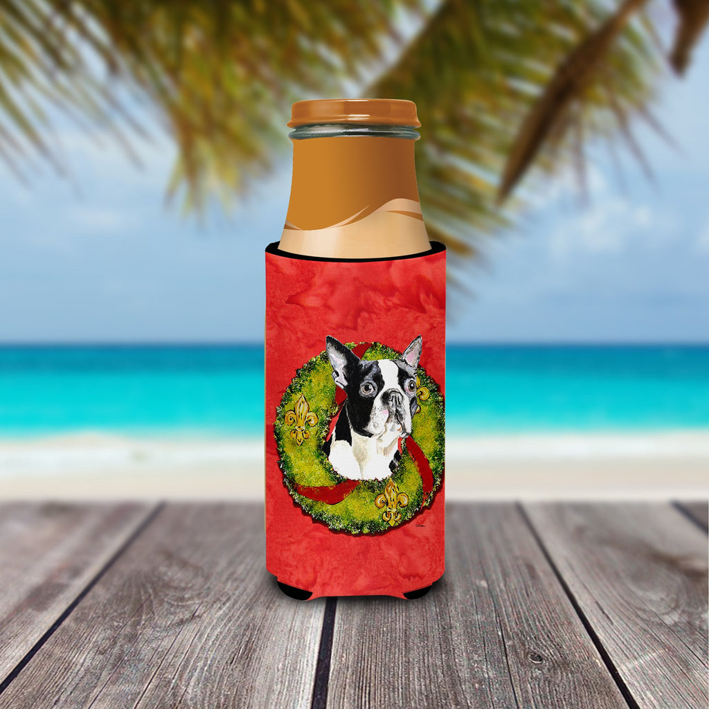Boston Terrier Christmas Wreath Slim Can Hugger , Insulated Foam Hugger for 12 oz Slim Cans, Beer Bottles & Water Bottles, Printed in USA