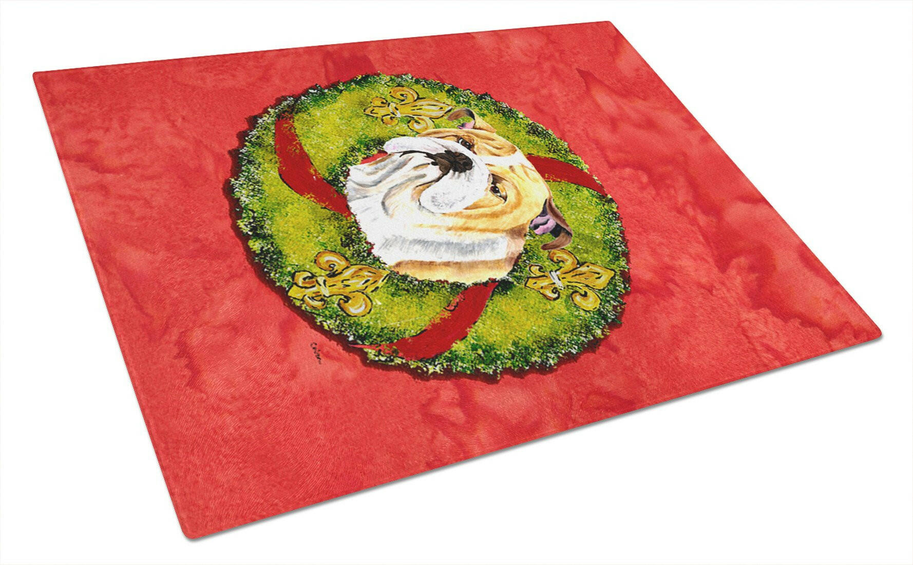 Bulldog English Christmas Wreath Cutting Board Tempered Glass Kitchen Cutting Surface, Heat Resistant Chopping, Non-Slip Feet, Food Prep & Serving