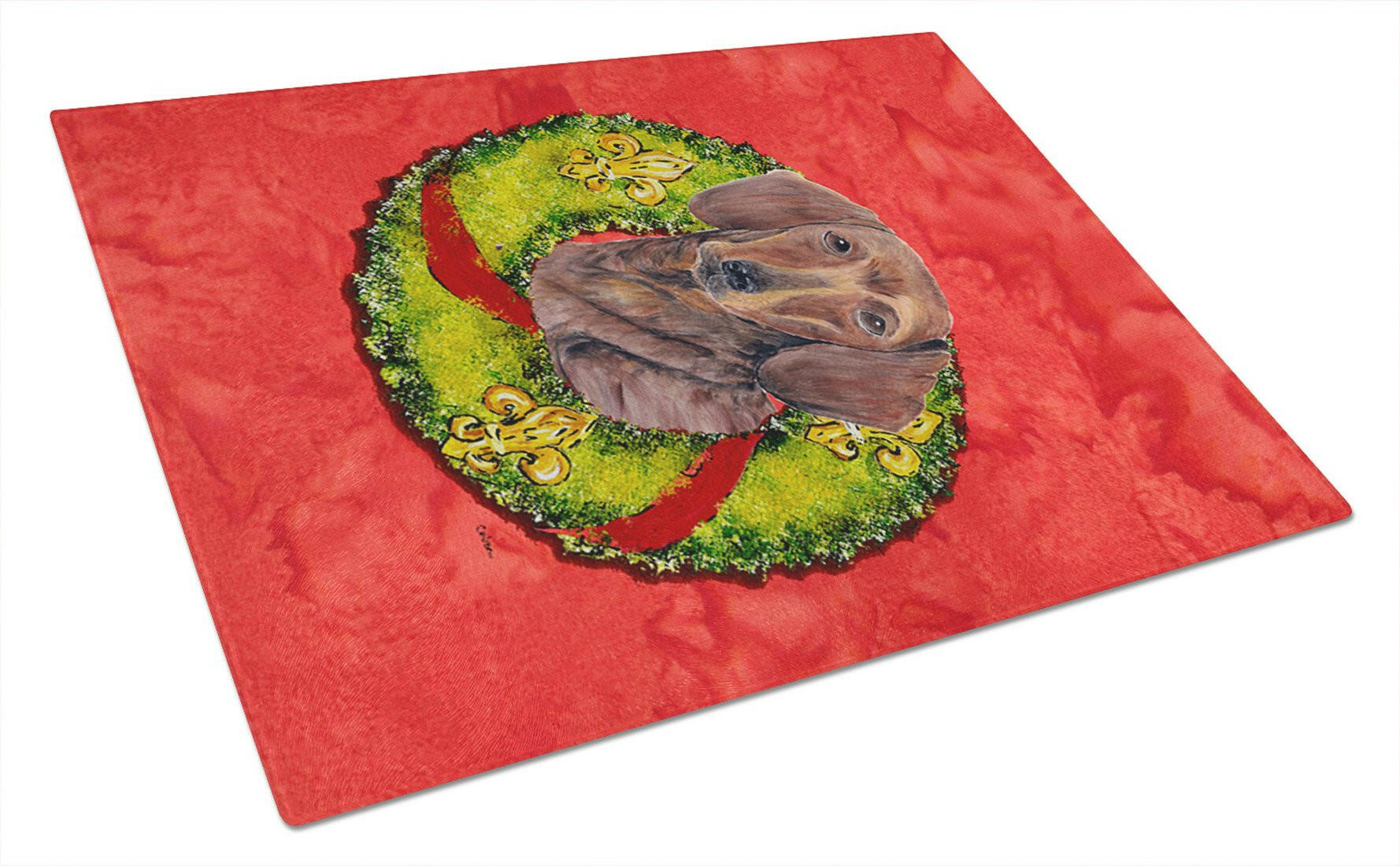 Dachshund Christmas Wreath Cutting Board Tempered Glass Kitchen Cutting Surface, Heat Resistant Chopping, Non-Slip Feet, Food Prep & Serving