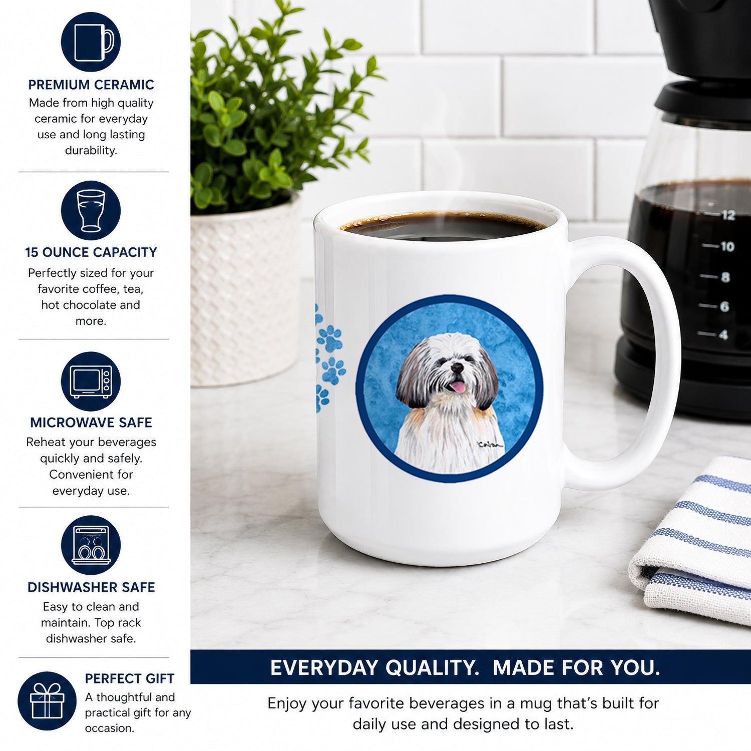 Blue Shih Tzu Ceramic Coffee Mug 15 oz Decorative Large C Handle Mug Cup for Tea, Cocoa Hot Chocolate
