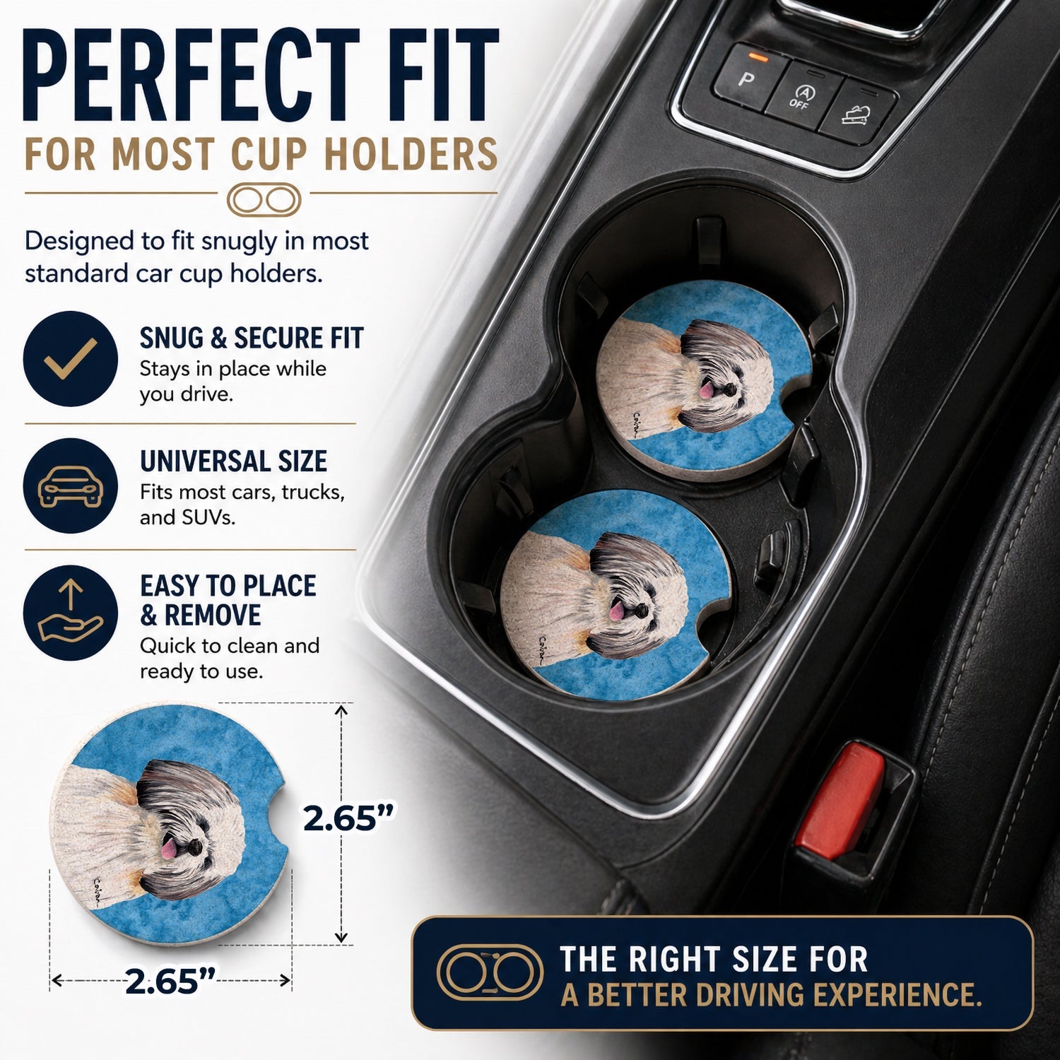 Blue Shih Tzu Set of 2 Cup Holder Car Coasters Absorbent Round Sandstone Coasters Gifts for Men or Women, 2.5, Multicolor