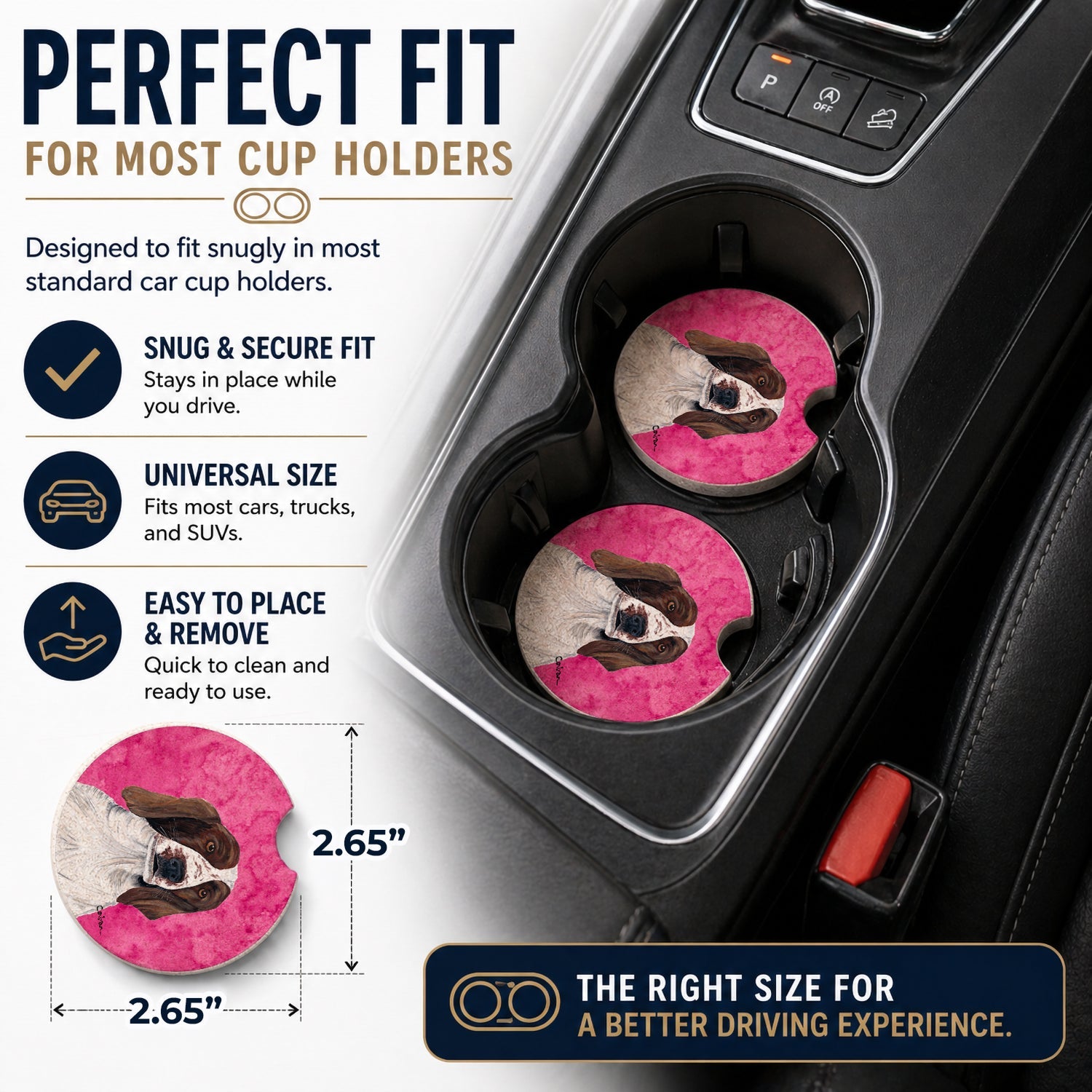 Pink Springer Spaniel Set of 2 Cup Holder Car Coasters Absorbent Round Sandstone Coasters Gifts for Men or Women, 2.5, Multicolor