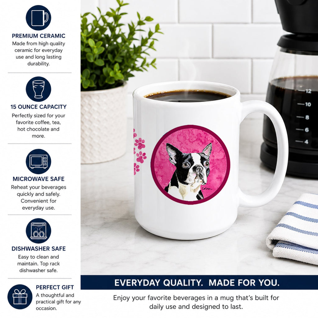 Pink Boston Terrier Ceramic Coffee Mug 15 oz Decorative Large C Handle Mug Cup for Tea, Cocoa Hot Chocolate