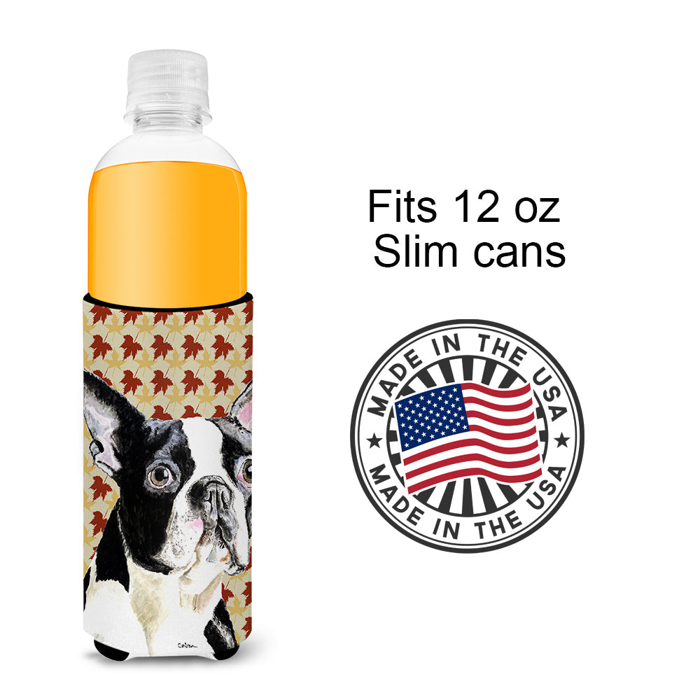 Boston Terrier Fall Leaves Portrait Slim Can Hugger , Insulated Foam Hugger for 12 oz Slim Cans, Beer Bottles & Water Bottles, Printed in USA