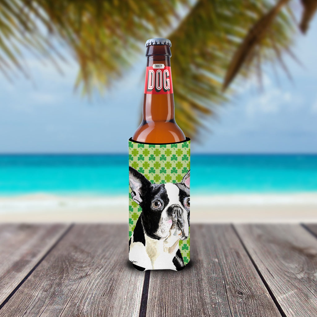 Boston Terrier St. Patrick's Day Shamrock Portrait Slim Can Hugger , Insulated Foam Hugger for 12 oz Slim Cans, Beer Bottles & Water Bottles, Printed in USA