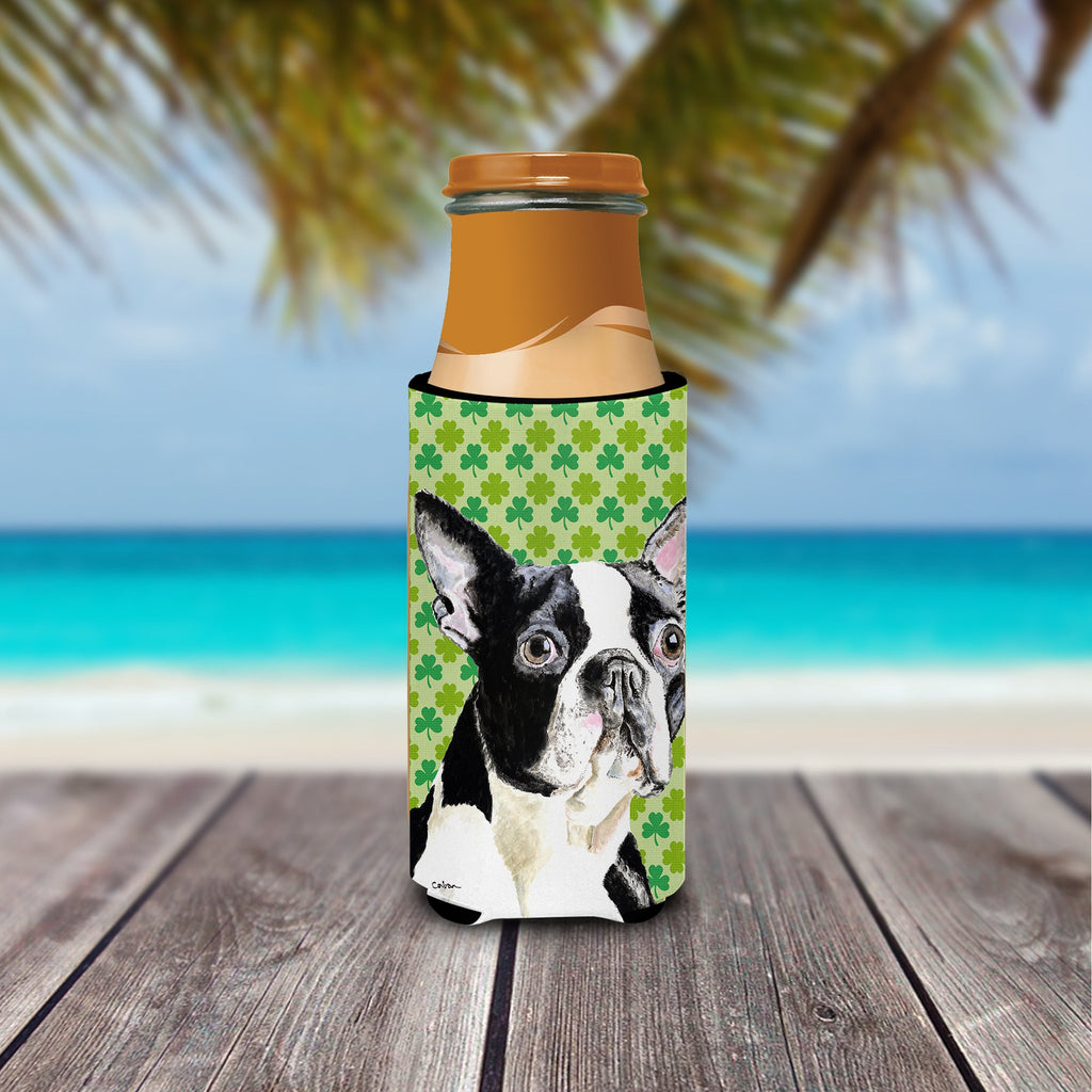 Boston Terrier St. Patrick's Day Shamrock Portrait Slim Can Hugger , Insulated Foam Hugger for 12 oz Slim Cans, Beer Bottles & Water Bottles, Printed in USA