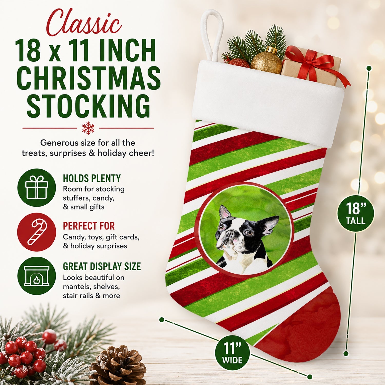 Boston Terrier Candy Cane Holiday Christmas Holiday Stocking Double-Sided Print, Polyester Suede,11x18, Made in USA