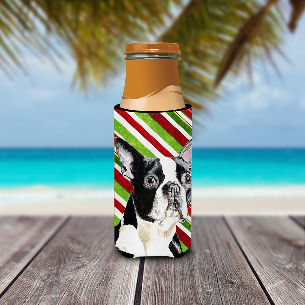 Boston Terrier Candy Cane Holiday Christmas Slim Can Hugger , Insulated Foam Hugger for 12 oz Slim Cans, Beer Bottles & Water Bottles, Printed in USA