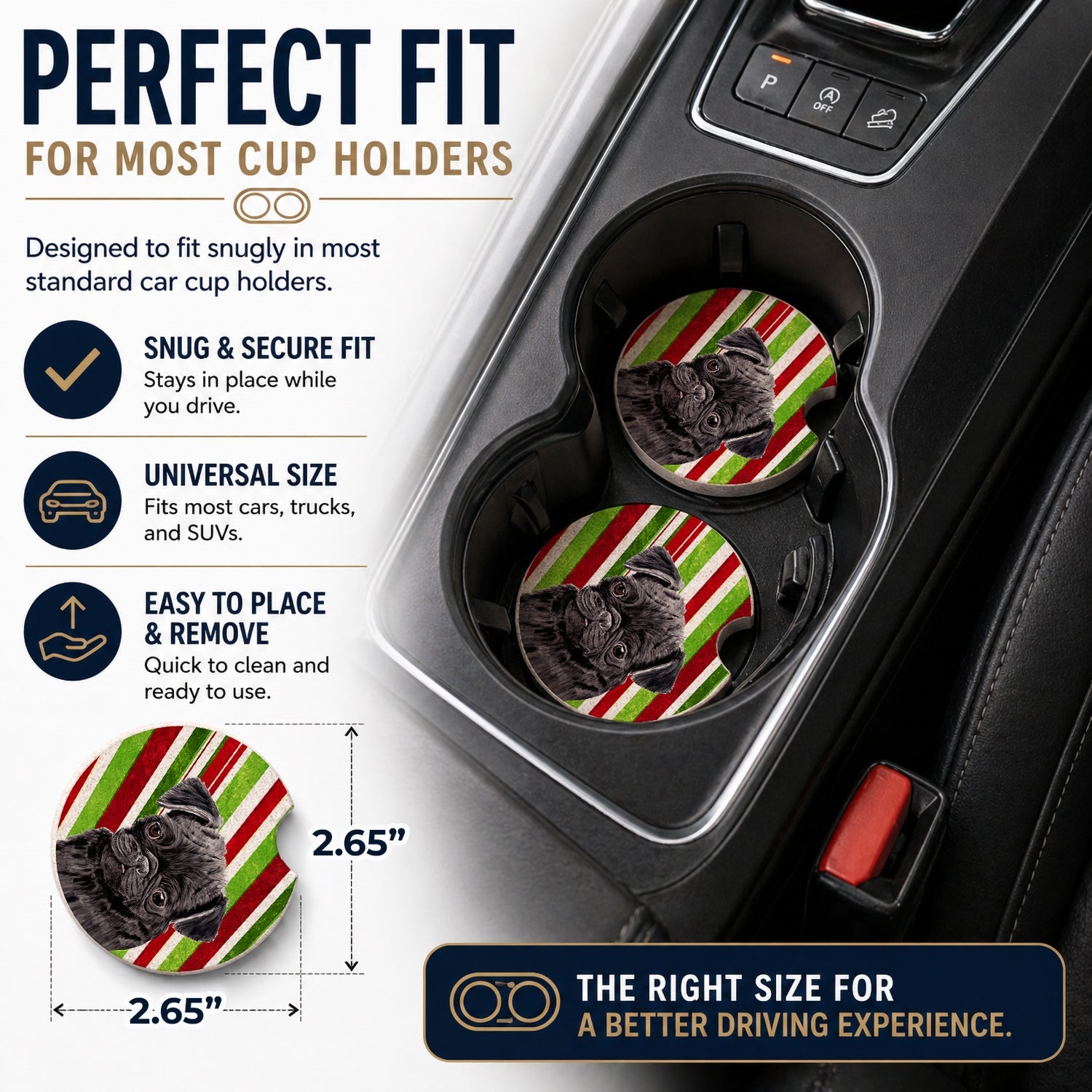 Pug Candy Cane Holiday Christmas Set of 2 Cup Holder Car Coasters Absorbent Round Sandstone Coasters Gifts for Men or Women, 2.5, Multicolor