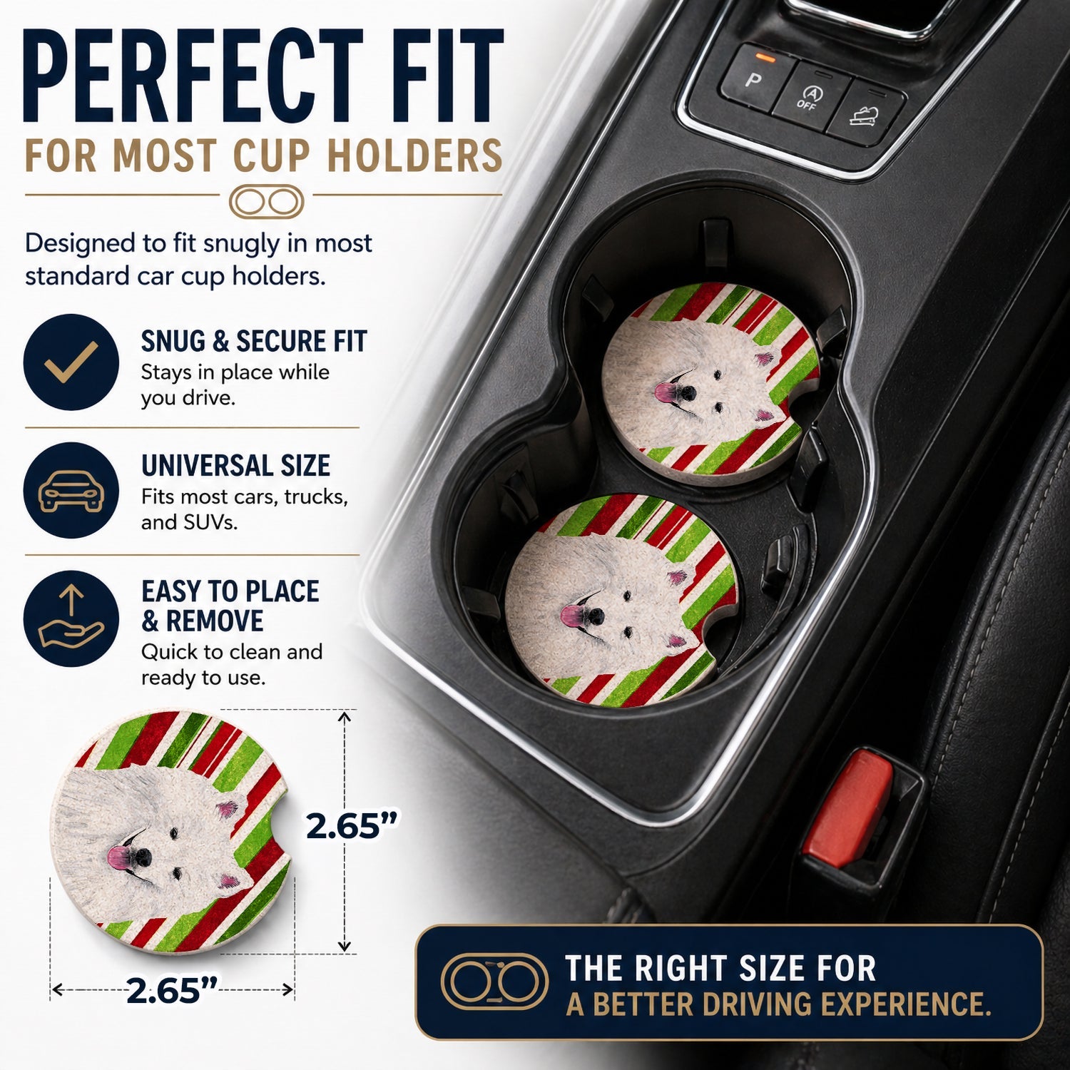 American Eskimo Candy Cane Holiday Christmas Set of 2 Cup Holder Car Coasters Absorbent Round Sandstone Coasters Gifts for Men or Women, 2.5, Multicolor