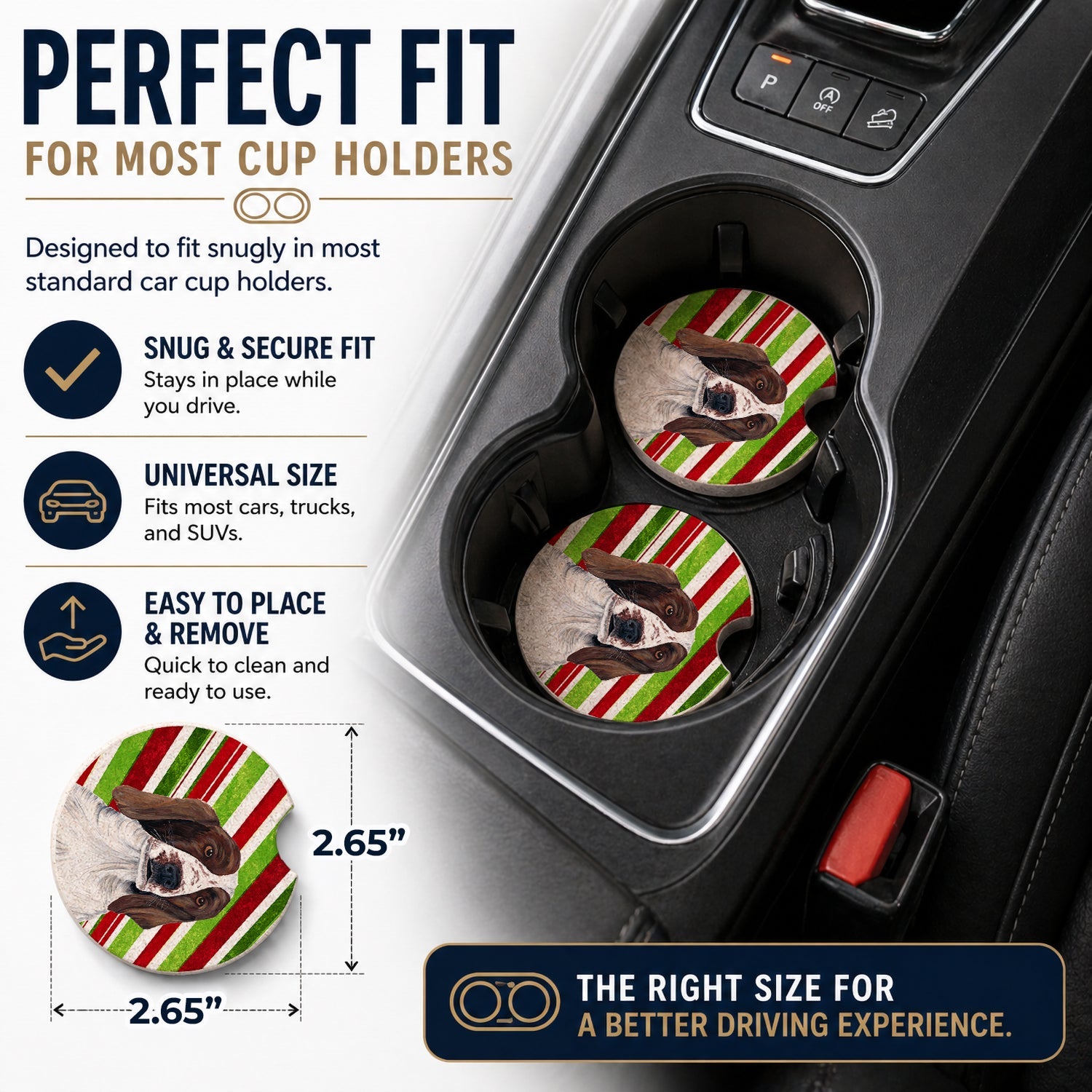 Welsh Springer Spaniel Candy Cane Holiday Christmas Set of 2 Cup Holder Car Coasters Absorbent Round Sandstone Coasters Gifts for Men or Women, 2.5, Multicolor