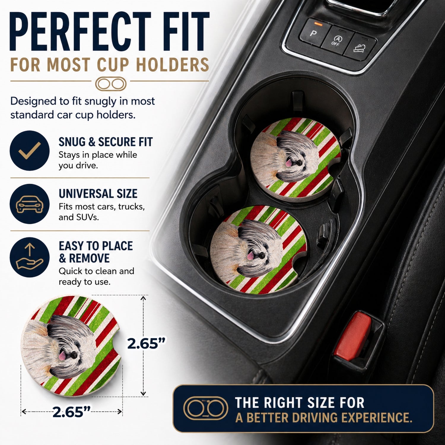 Shih Tzu Candy Cane Holiday Christmas Set of 2 Cup Holder Car Coasters Absorbent Round Sandstone Coasters Gifts for Men or Women, 2.5, Multicolor
