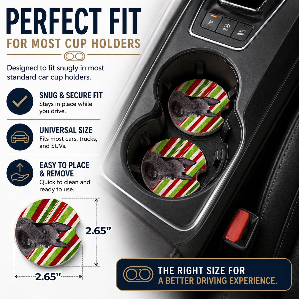 Scottish Terrier Candy Cane Holiday Christmas Set of 2 Cup Holder Car Coasters Absorbent Round Sandstone Coasters Gifts for Men or Women, 2.5, Multicolor