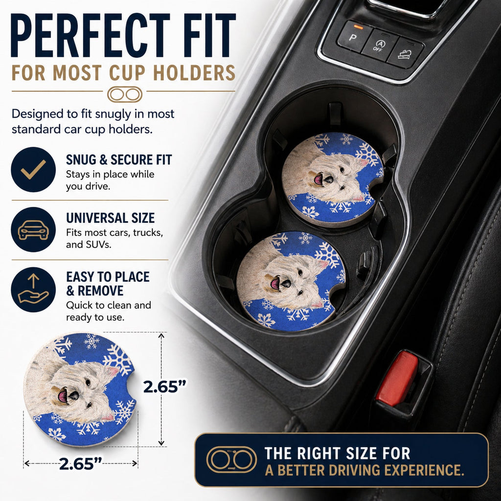 Westie Winter Snowflakes Holiday Set of 2 Cup Holder Car Coasters Absorbent Round Sandstone Coasters Gifts for Men or Women, 2.5, Multicolor