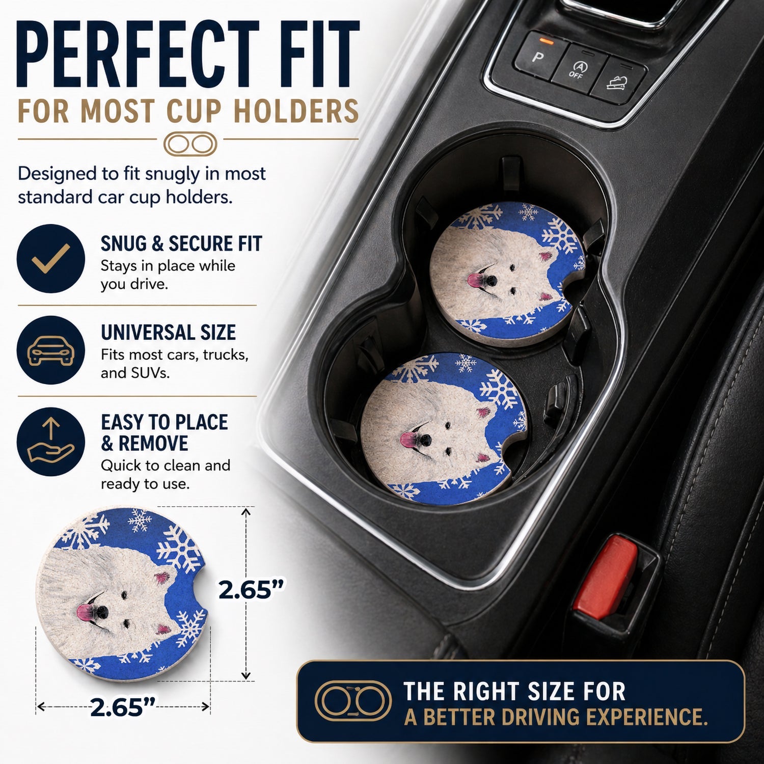 American Eskimo Winter Snowflakes Holiday Set of 2 Cup Holder Car Coasters Absorbent Round Sandstone Coasters Gifts for Men or Women, 2.5, Multicolor