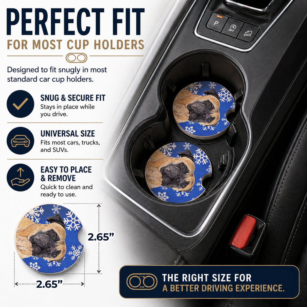 Mastiff Winter Snowflakes Holiday Set of 2 Cup Holder Car Coasters Absorbent Round Sandstone Coasters Gifts for Men or Women, 2.5, Multicolor
