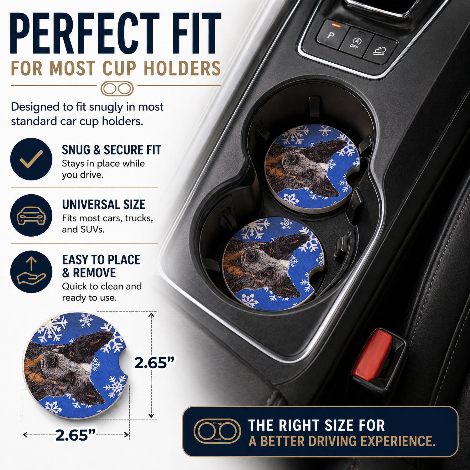 Australian Cattle Dog Winter Snowflakes Holiday Set of 2 Cup Holder Car Coasters Absorbent Round Sandstone Coasters Gifts for Men or Women, 2.5, Multicolor