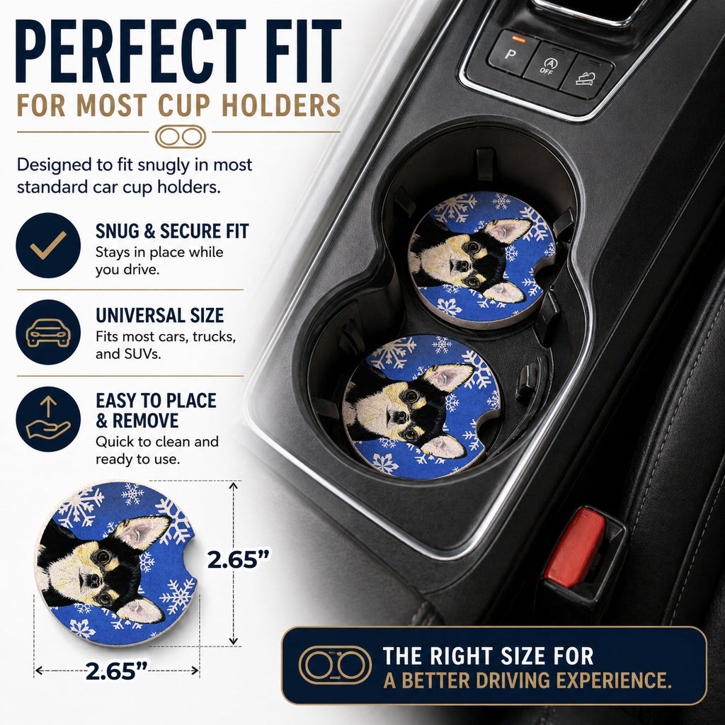 Chihuahua Winter Snowflakes Holiday Set of 2 Cup Holder Car Coasters Absorbent Round Sandstone Coasters Gifts for Men or Women, 2.5, Multicolor