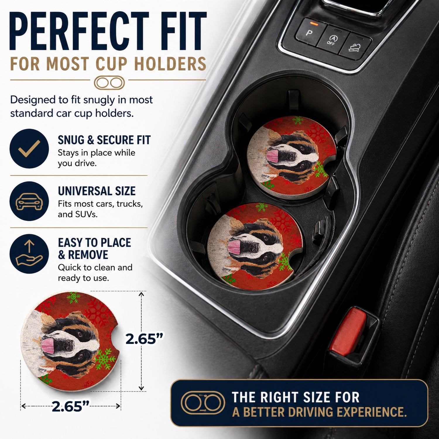 Saint Bernard Red Green Snowflake Christmas Set of 2 Cup Holder Car Coasters Absorbent Round Sandstone Coasters Gifts for Men or Women, 2.5, Multicolor