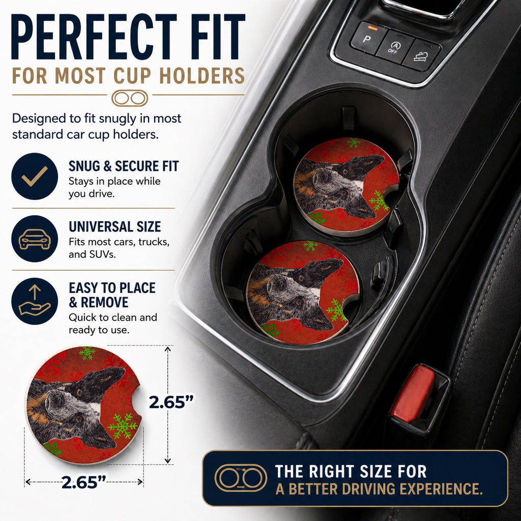 Australian Cattle Dog Red Green Snowflakes Christmas Set of 2 Cup Holder Car Coasters Absorbent Round Sandstone Coasters Gifts for Men or Women, 2.5, Multicolor