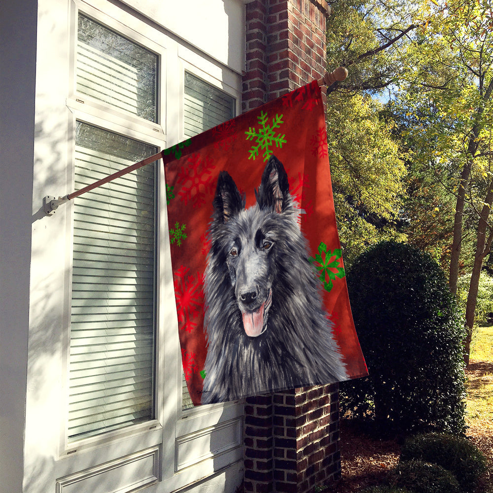 Belgian Sheepdog Red and Green Snowflakes Holiday Christmas House Flag 28x40 Porch Sleeve Pole Decorative Outside Yard Banner Artwork Wall Hanging, Polyester