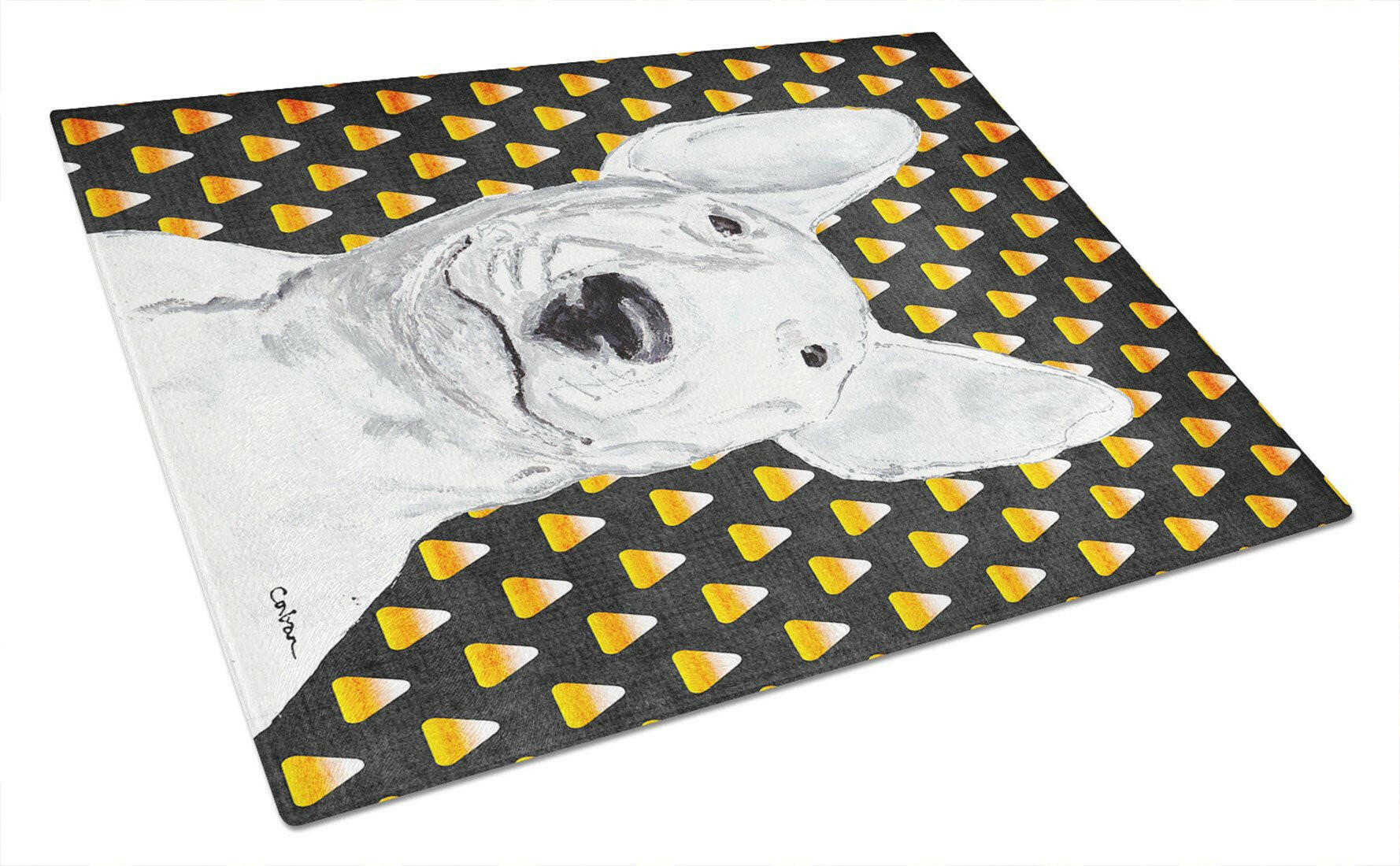 Bull Terrier Candy Corn Halloween Cutting Board Tempered Glass Kitchen Cutting Surface, Heat Resistant Chopping, Non-Slip Feet, Food Prep & Serving