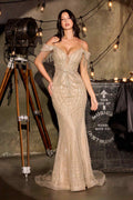 CLEARANCE - Ladivine SF209 Off The Shoulder Champagne/Gold Mermaid Gown (Size 8)