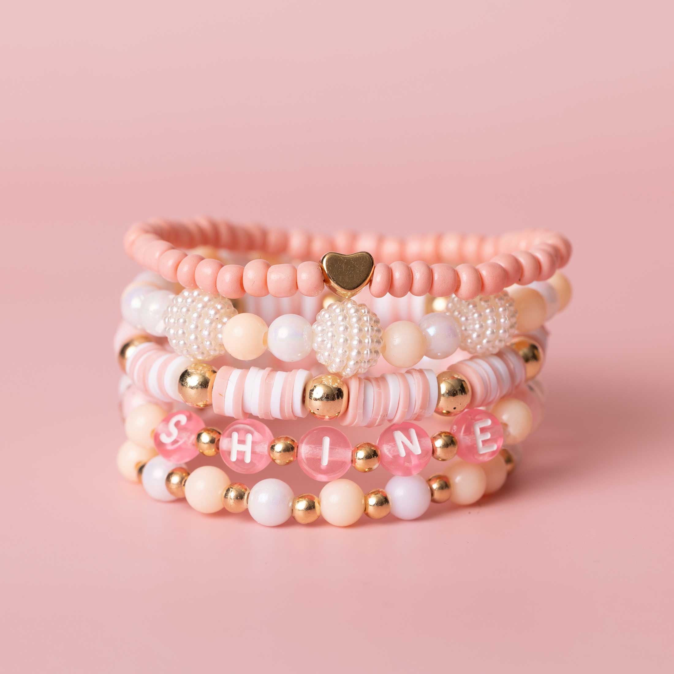 Happy Pastel Pink Letters with Blush and Pearl Tone Beads DIY Beaded Bracelet Jar