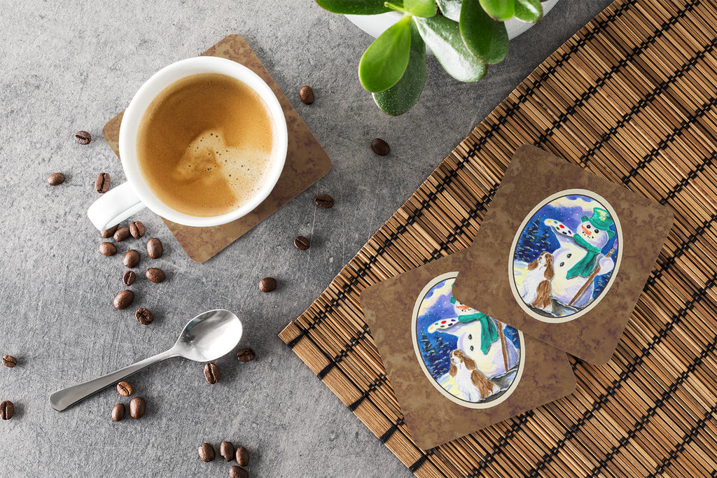 Artist Snowman with Boykin Spaniel Foam Coasters Set of 4 Cup Coasters for Indoor Outdoor, Tabletop Protection, Anti Slip, Mouse pad Material