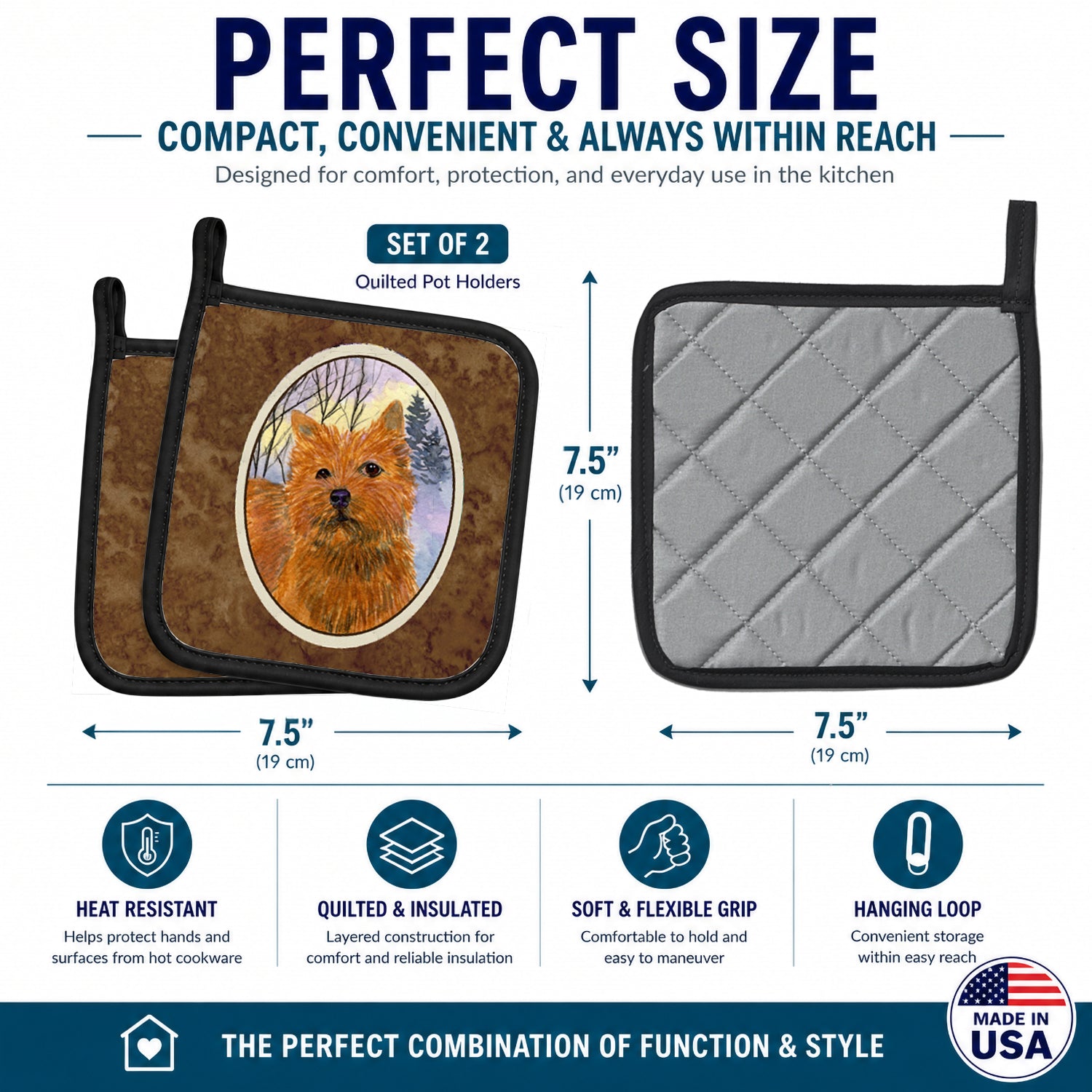 Norwich Terrier Pot Holder Set of 2 Heat Resistant Quilted Hot Pads 7.5 x 7.5 Inch, Insulated Kitchen Trivets for Cooking & Baking