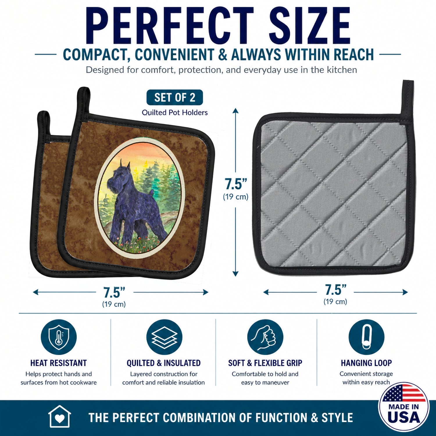 Schnauzer Pot Holder Set of 2 Heat Resistant Quilted Hot Pads 7.5 x 7.5 Inch, Insulated Kitchen Trivets for Cooking & Baking