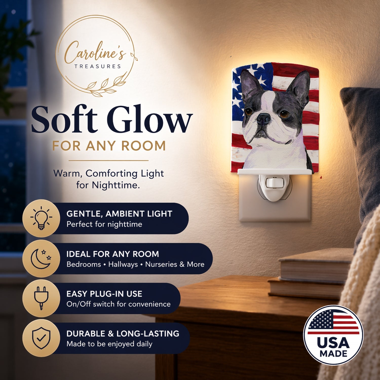 USA American Flag with Boston Terrier Ceramic Night Light Compact, UL-Certified, Ideal for Bedroom, Bathroom, Nursery, Hallway, Kitchen, 6x4x3, Multicolor