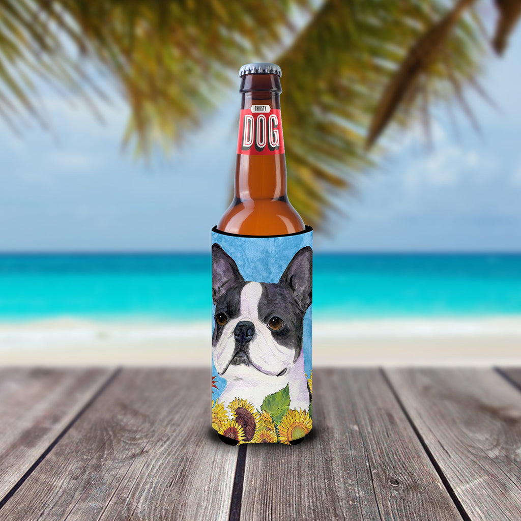 Boston Terrier in Summer Flowers Slim Can Hugger , Insulated Foam Hugger for 12 oz Slim Cans, Beer Bottles & Water Bottles, Printed in USA