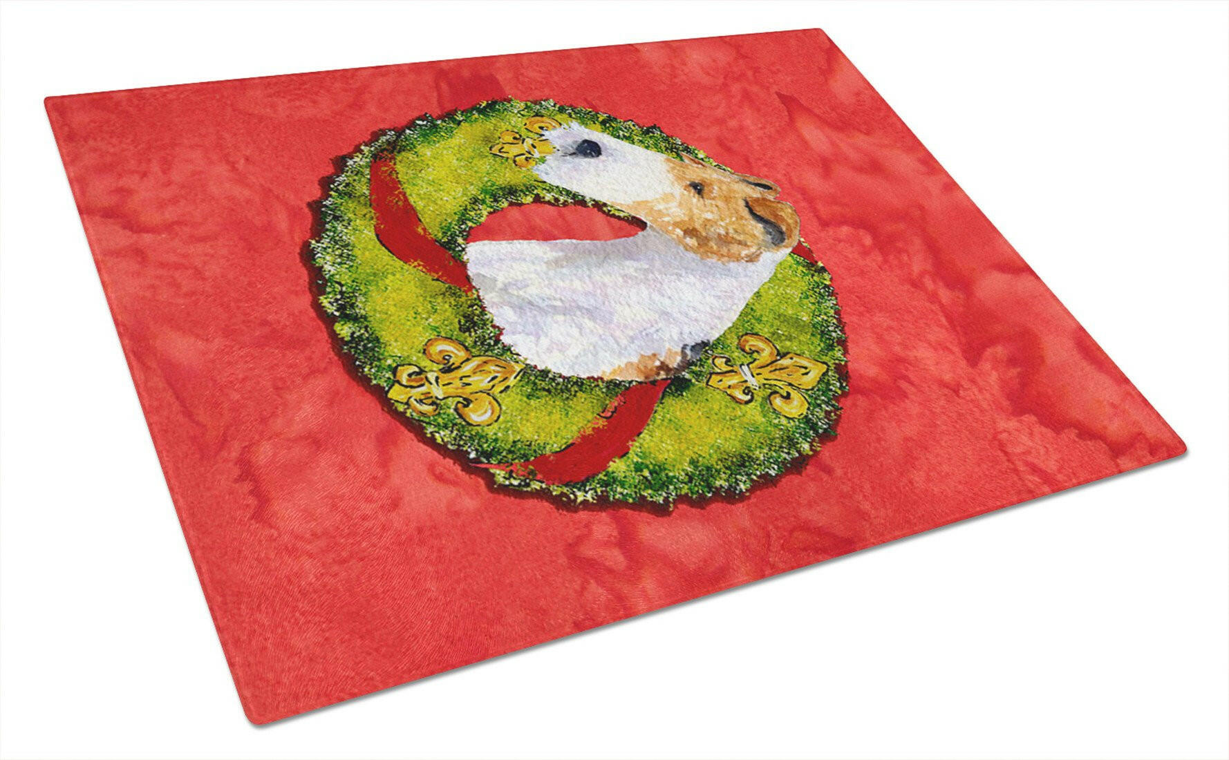 Fox Terrier Cristmas Wreath Cutting Board Tempered Glass Kitchen Cutting Surface, Heat Resistant Chopping, Non-Slip Feet, Food Prep & Serving