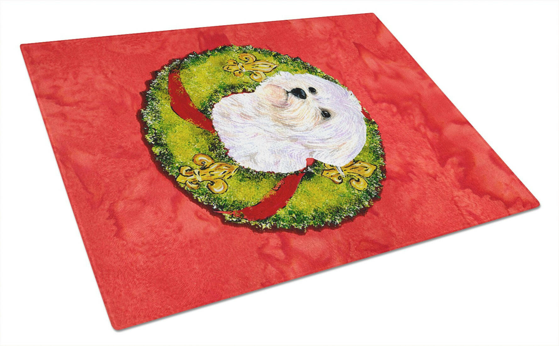 Maltese Cristmas Wreath Cutting Board Tempered Glass Kitchen Cutting Surface, Heat Resistant Chopping, Non-Slip Feet, Food Prep & Serving