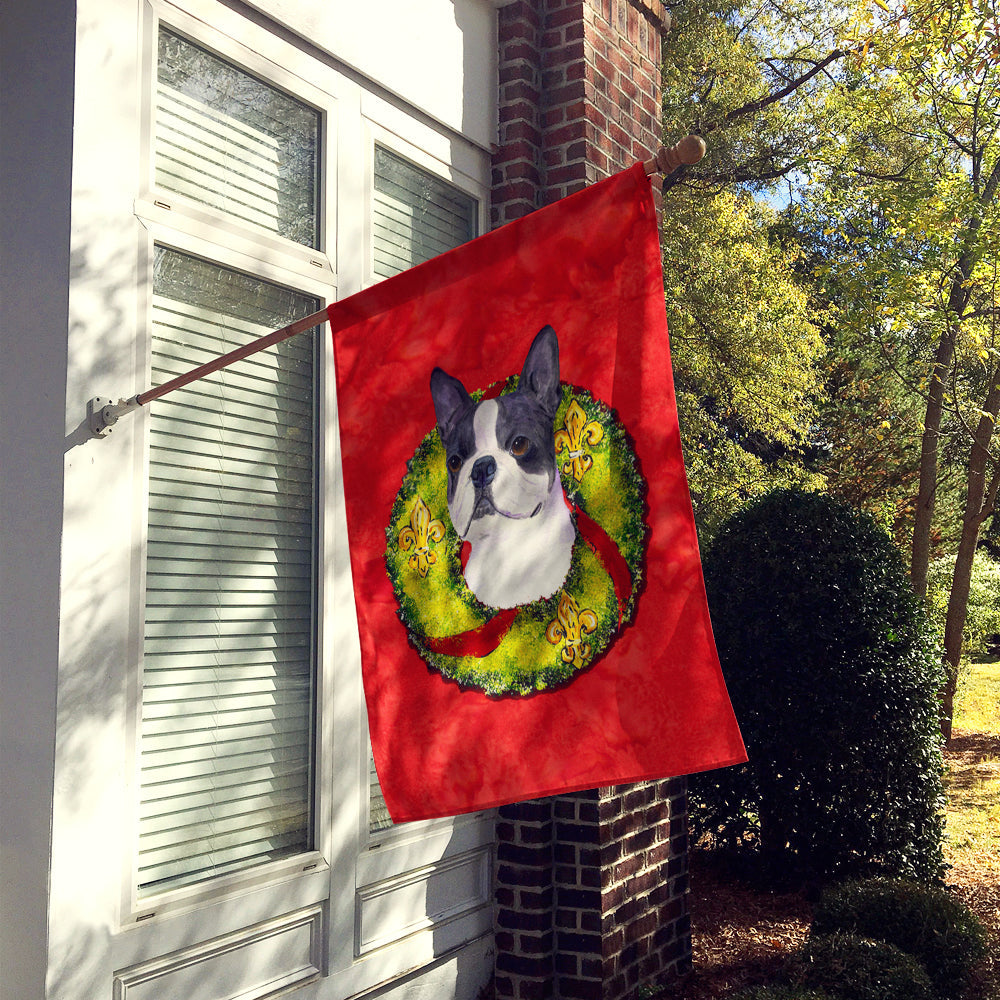 Boston Terrier Cristmas Wreath House Flag 28x40 Porch Sleeve Pole Decorative Outside Yard Banner Artwork Wall Hanging, Polyester