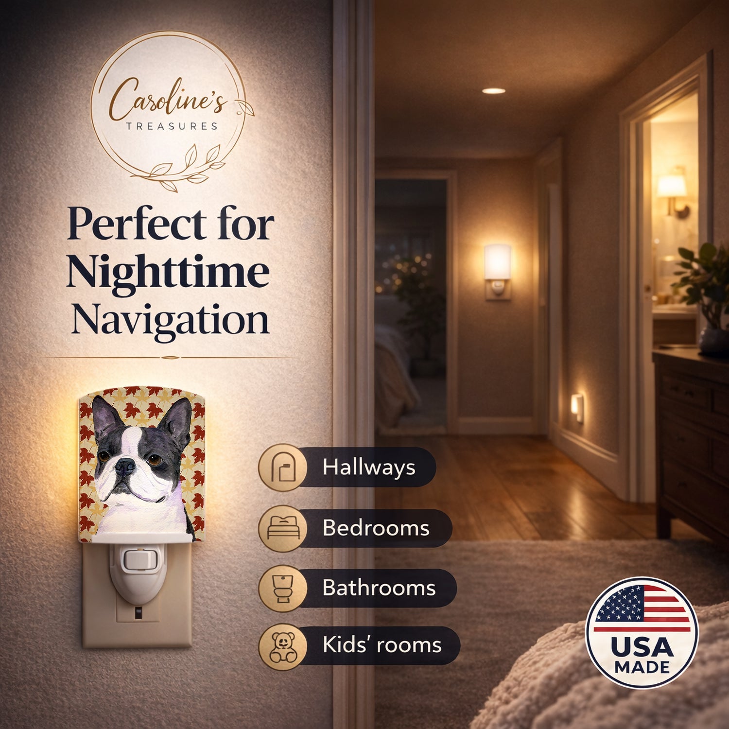 Boston Terrier Fall Leaves Portrait Ceramic Night Light Compact, UL-Certified, Ideal for Bedroom, Bathroom, Nursery, Hallway, Kitchen, 6x4x3, Multicolor