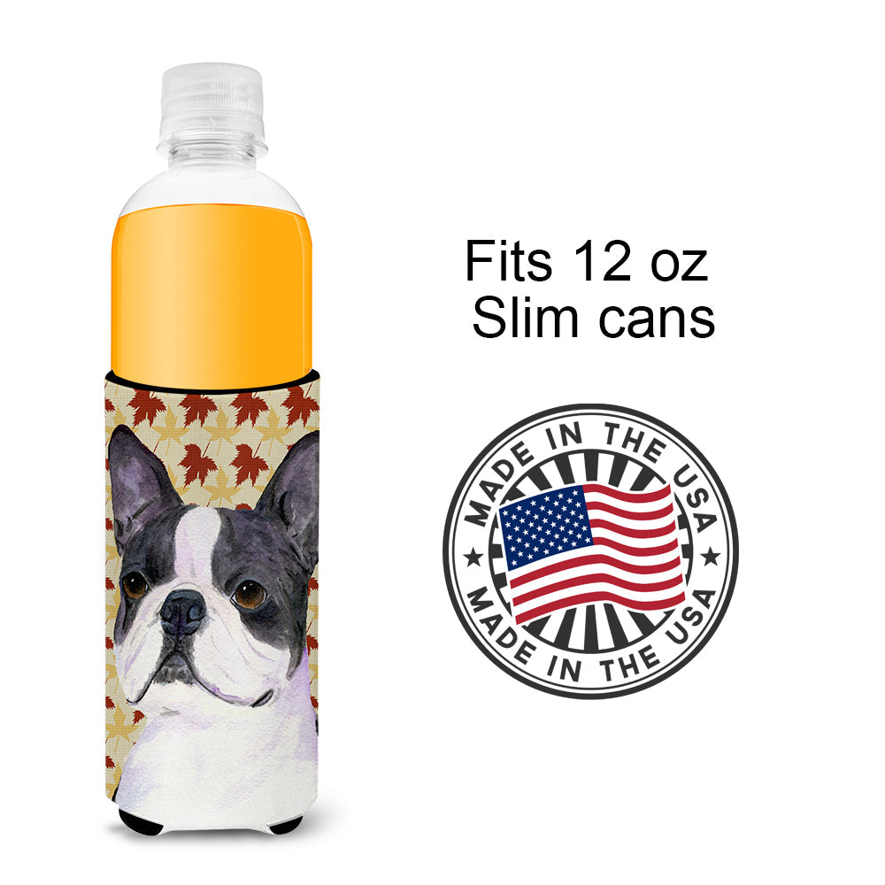 Boston Terrier Fall Leaves Portrait Slim Can Hugger , Insulated Foam Hugger for 12 oz Slim Cans, Beer Bottles & Water Bottles, Printed in USA