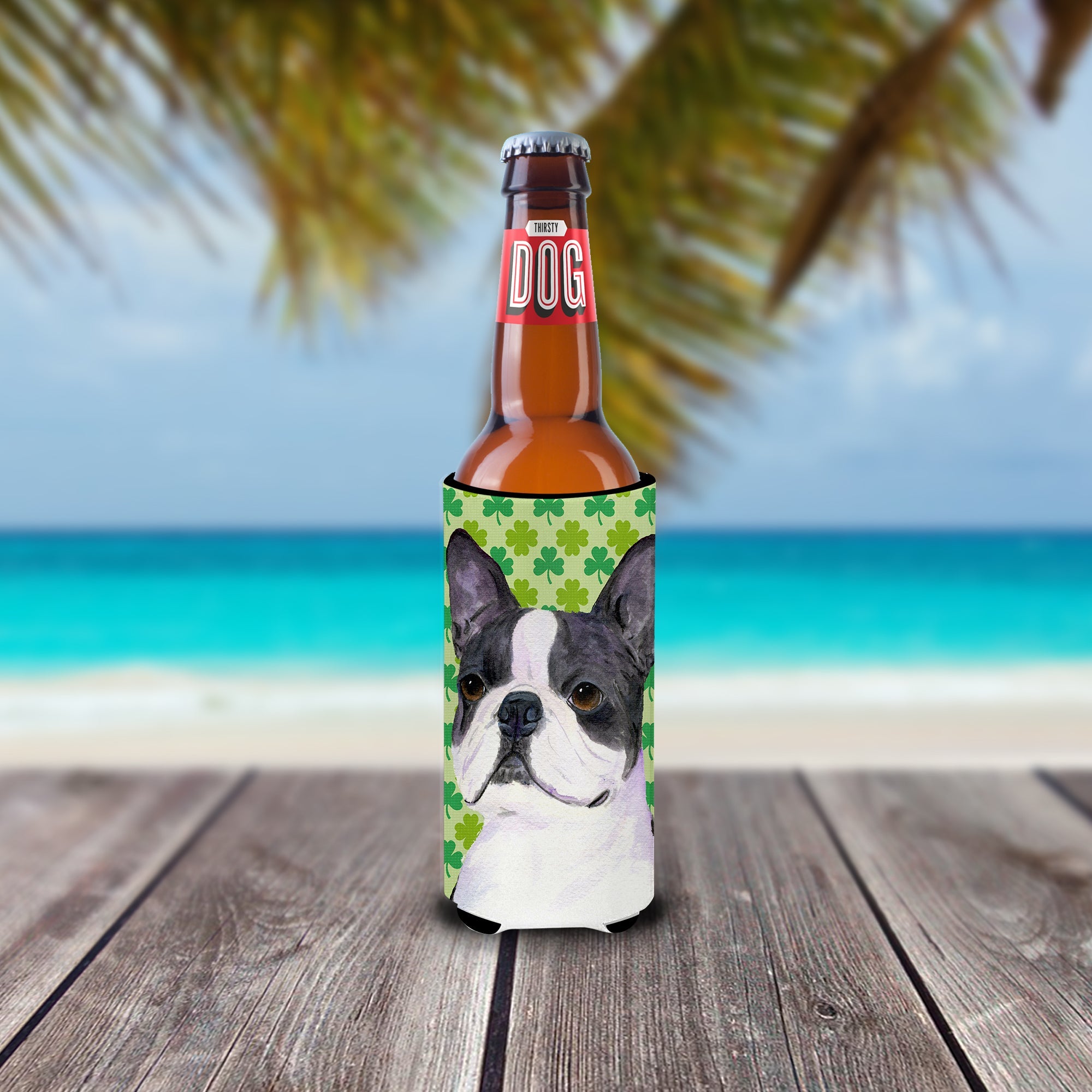 Boston Terrier St. Patrick's Day Shamrock Portrait Slim Can Hugger , Insulated Foam Hugger for 12 oz Slim Cans, Beer Bottles & Water Bottles, Printed in USA
